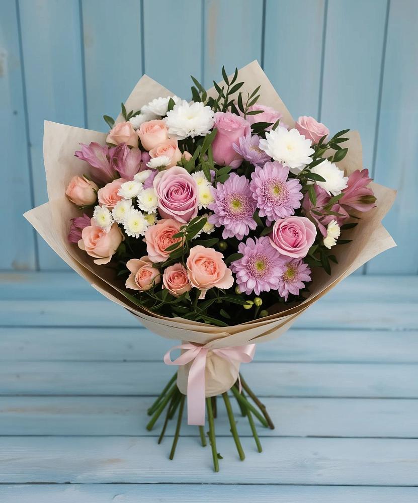Букет цветов из: Хризантемы, Розы и Альстромерии в Кокоревке