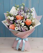 Букет цветов из:  Лизиантусы, Розы, Альстромерии и Гипсофила в Кокоревке