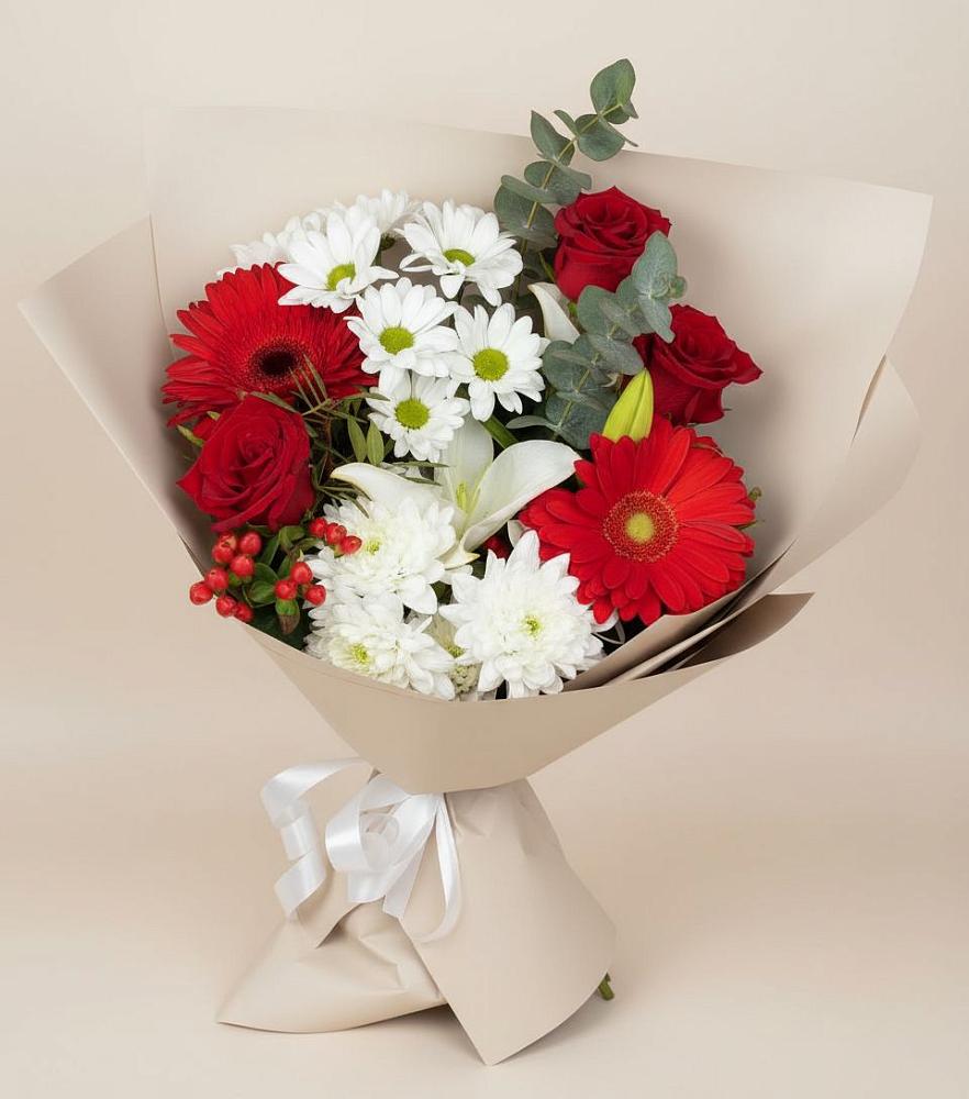Букет цветов из: Розы, Хризантемы, Герберы и Лилии в Кокоревке